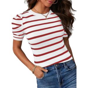 imageAvanova Women Striped Puff Sleeve Short Sleeve Tops Ribbed Knit Summer Casual Shirts Blouse White Red Large