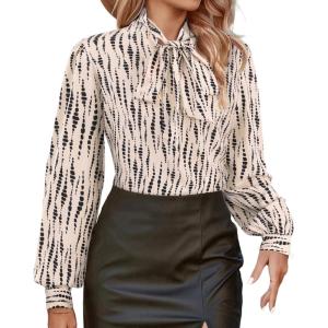 imageAvanova Women Tie Neck Bishop Long Sleeve Shirts Casual Work Blouses TopsApricot Striped