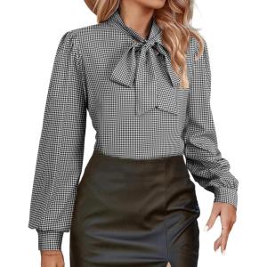 imageAvanova Women Tie Neck Bishop Long Sleeve Shirts Casual Work Blouses TopsBlack Checked