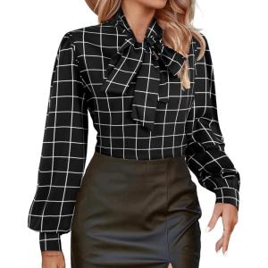 imageAvanova Women Tie Neck Bishop Long Sleeve Shirts Casual Work Blouses TopsBlack Plaid
