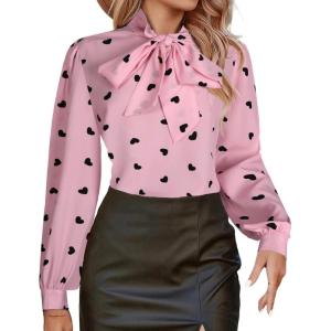 imageAvanova Women Tie Neck Bishop Long Sleeve Shirts Casual Work Blouses TopsHeart Pink