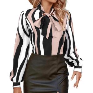 imageAvanova Women Tie Neck Bishop Long Sleeve Shirts Casual Work Blouses TopsMuti Striped