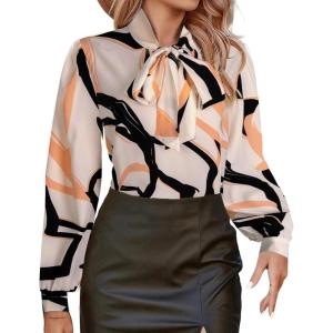 imageAvanova Women Tie Neck Bishop Long Sleeve Shirts Casual Work Blouses TopsWhite Striped