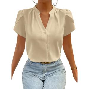imageAvanova Women V Neck Short Sleeve Blouses Petal Tulip Sleeve Top Business Casual Shirt Beige Medium