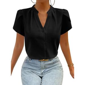 imageAvanova Women V Neck Short Sleeve Blouses Petal Tulip Sleeve Top Business Casual Shirt Black Medium
