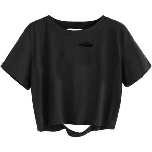 imageAvanova Women Distressed Loose Crop Top Oversized Short Sleeve Ripped Tee ShirtBlack