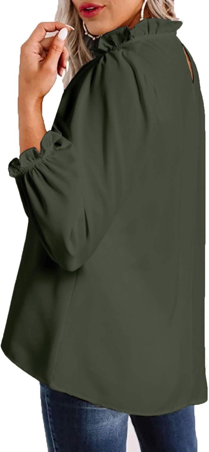 imageAvanova Women Polka Dot Long Sleeve Blouse Shirts Work Mock Neck Ruffle TopArmy Green