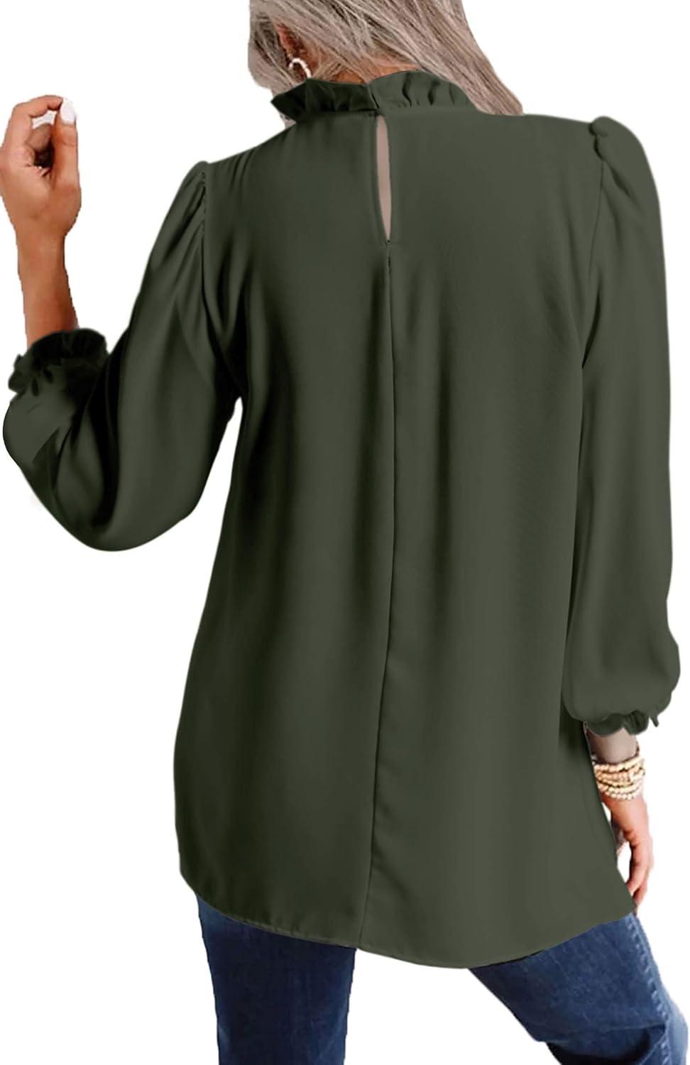 imageAvanova Women Polka Dot Long Sleeve Blouse Shirts Work Mock Neck Ruffle TopArmy Green