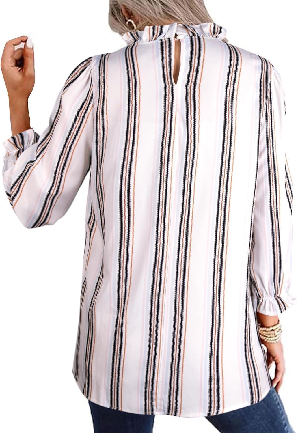 imageAvanova Women Polka Dot Long Sleeve Blouse Shirts Work Mock Neck Ruffle TopBeige Striped Kh