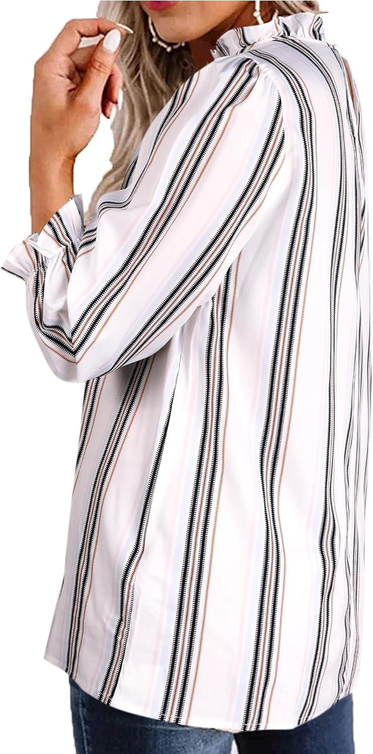 imageAvanova Women Polka Dot Long Sleeve Blouse Shirts Work Mock Neck Ruffle TopBeige Striped Kh