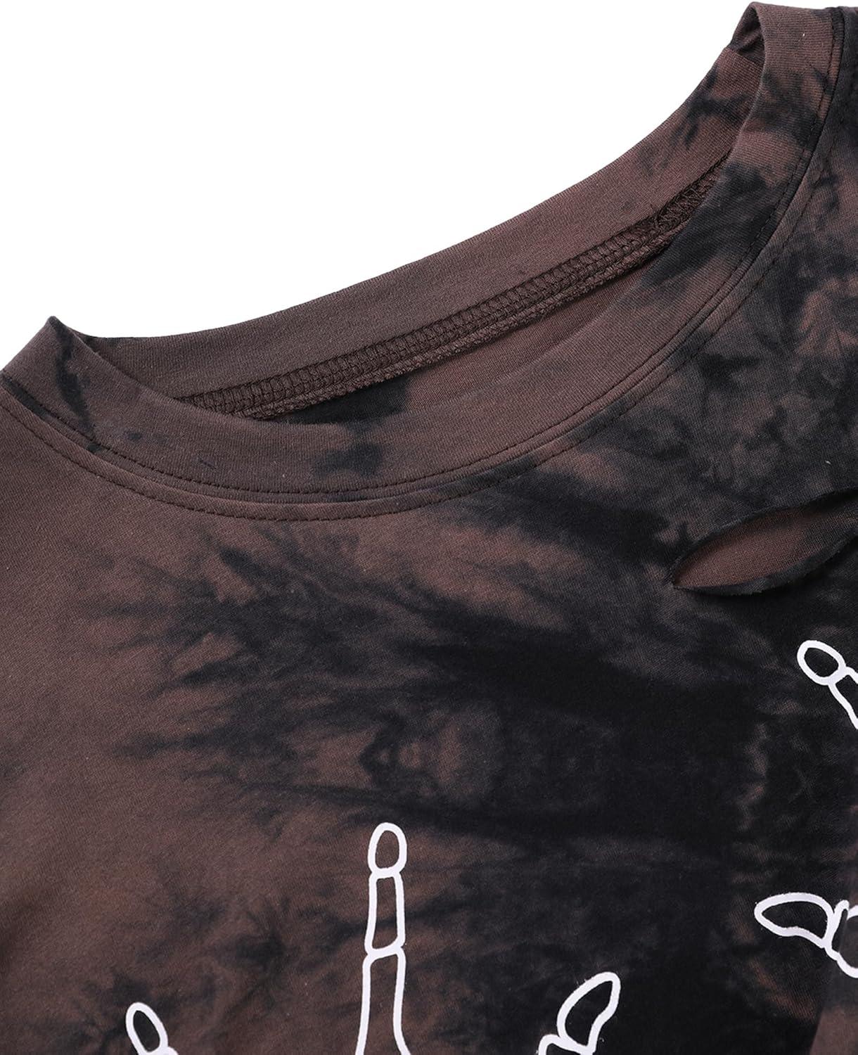 imageAvanova Women Skull Finger Graphic Distressed Tee Shirt Ripped Short Sleeve Crop TopsBlack Brown