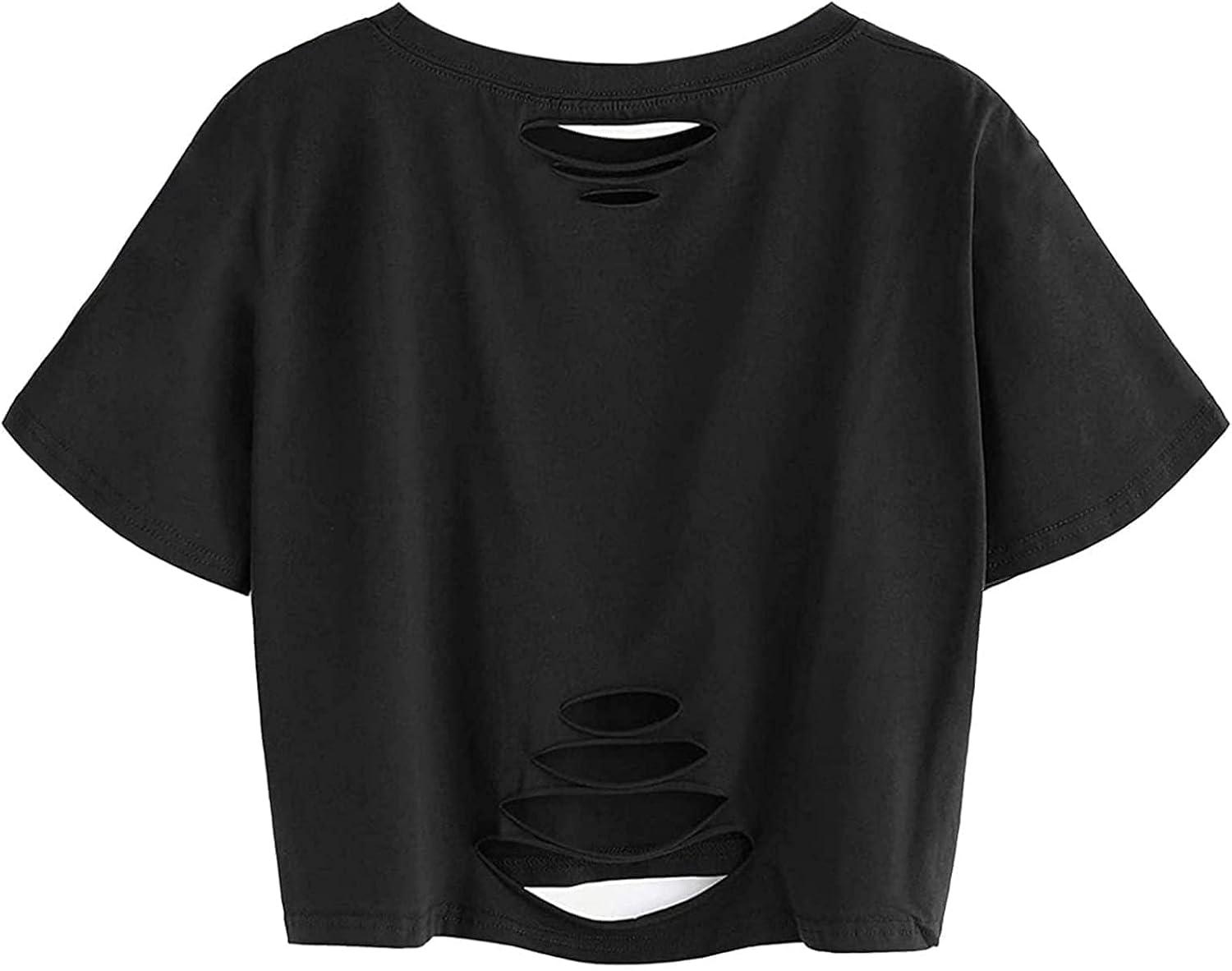 imageAvanova Women Skull Finger Graphic Distressed Tee Shirt Ripped Short Sleeve Crop TopsBlack Grey