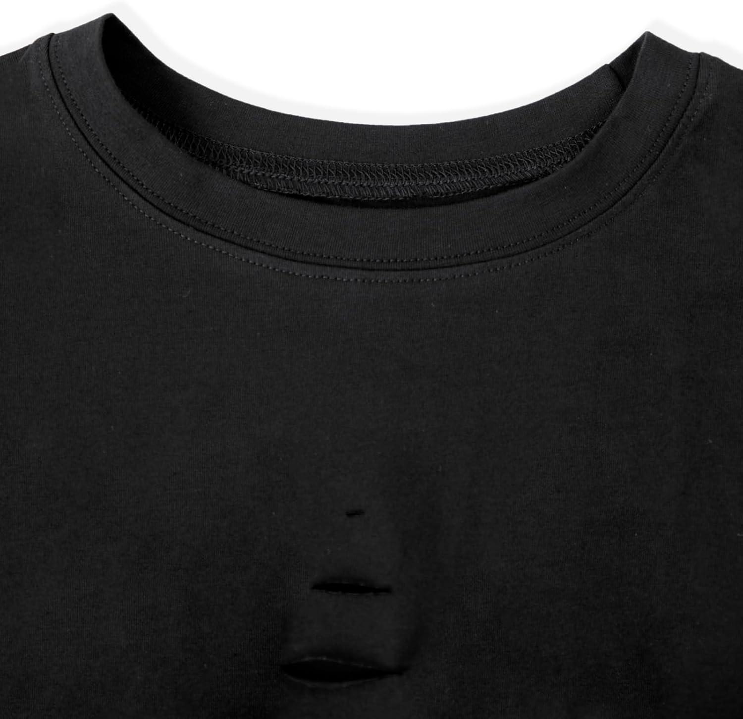 imageAvanova Women Skull Finger Graphic Distressed Tee Shirt Ripped Short Sleeve Crop TopsBlack Ys