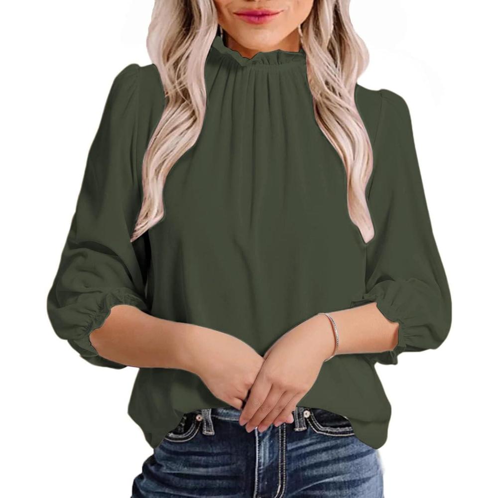 imageAvanova Women Polka Dot Long Sleeve Blouse Shirts Work Mock Neck Ruffle TopArmy Green