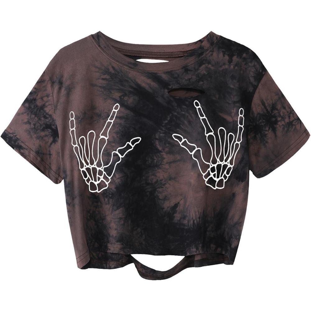imageAvanova Women Skull Finger Graphic Distressed Tee Shirt Ripped Short Sleeve Crop TopsBlack Brown