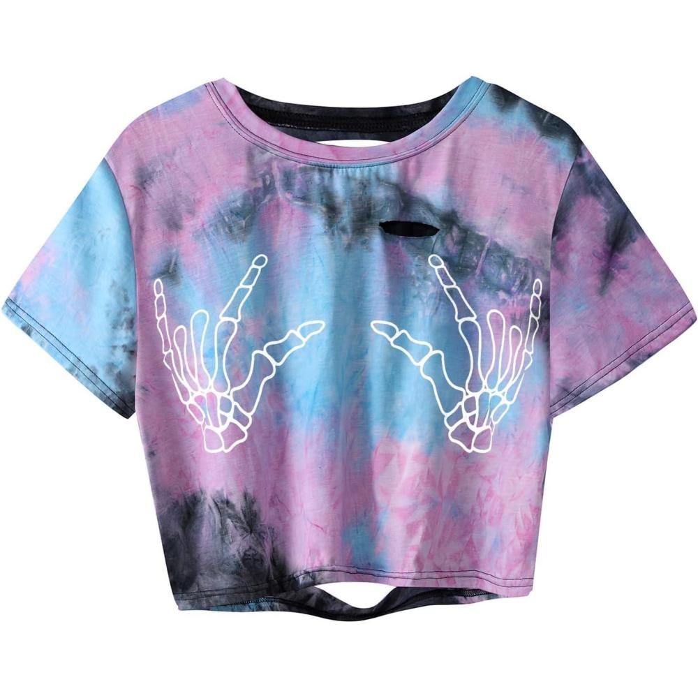 imageAvanova Women Skull Finger Graphic Distressed Tee Shirt Ripped Short Sleeve Crop TopsMuti Kh