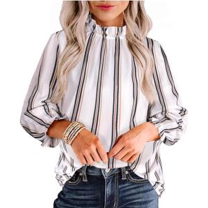 imageAvanova Women Polka Dot Long Sleeve Blouse Shirts Work Mock Neck Ruffle TopBeige Striped Kh