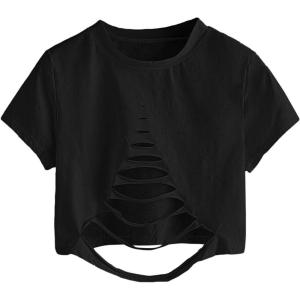 imageAvanova Women Skull Finger Graphic Distressed Tee Shirt Ripped Short Sleeve Crop TopsBlack Ys