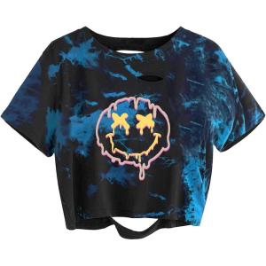imageAvanova Women Skull Finger Graphic Distressed Tee Shirt Ripped Short Sleeve Crop TopsTie Dye Blue Face
