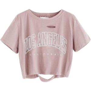 imageAvanova Women Tie Dye Graphic Ripped Tee Shirt Oversized Short Sleeve Distressed Crop TopLetter Pink