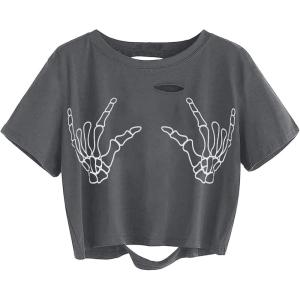 imageAvanova Women Tie Dye Graphic Ripped Tee Shirt Oversized Short Sleeve Distressed Crop TopSkull Grey