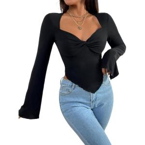 imageAvanova Womens Long Sleeve Square Neck Crop Top Twist Front Asymmetrical ShirtBlack