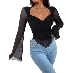 imageAvanova Womens Long Sleeve Square Neck Crop Top Twist Front Asymmetrical ShirtBlack Mesh