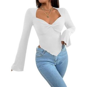 imageAvanova Womens Long Sleeve Square Neck Crop Top Twist Front Asymmetrical ShirtWhite
