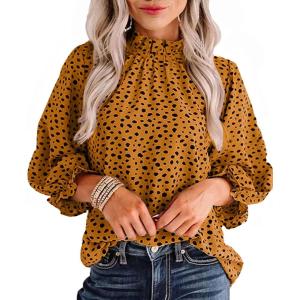 imageAvanova Women 34 Long Sleeve Blouses Dressy Casual Work Business Shirts Mock Neck Leopard Ruffle Tops Leopard Yellow XLarge