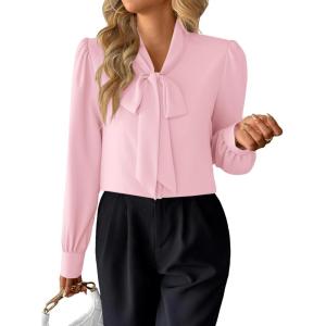 imageAvanova Women Bow Tie Neck Long Sleeve Blouses Tops Dressy Casual Elegant Work ShirtsPink