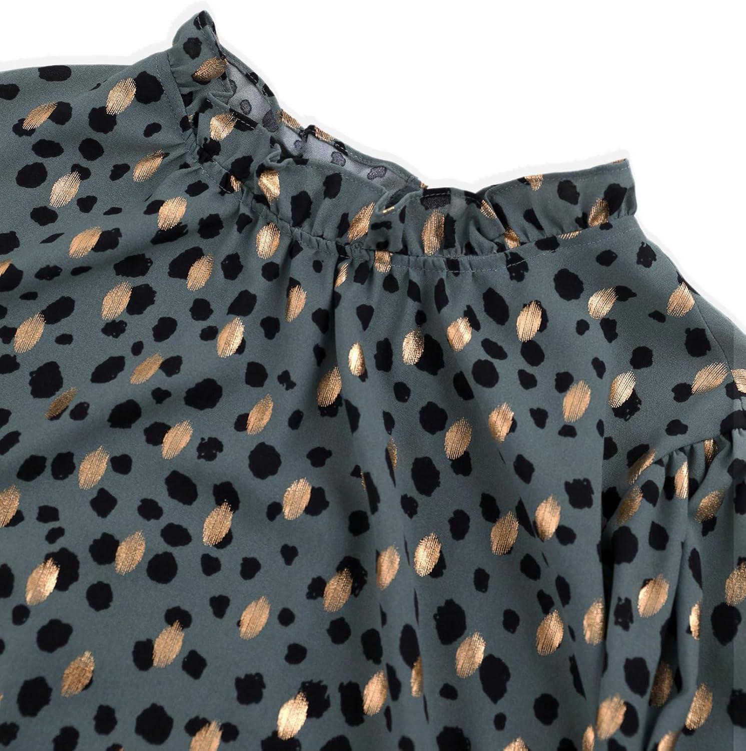 imageAvanova Women 34 Long Sleeve Blouses Dressy Casual Work Business Shirts Mock Neck Leopard Ruffle TopsLeopard Green Gold Kh