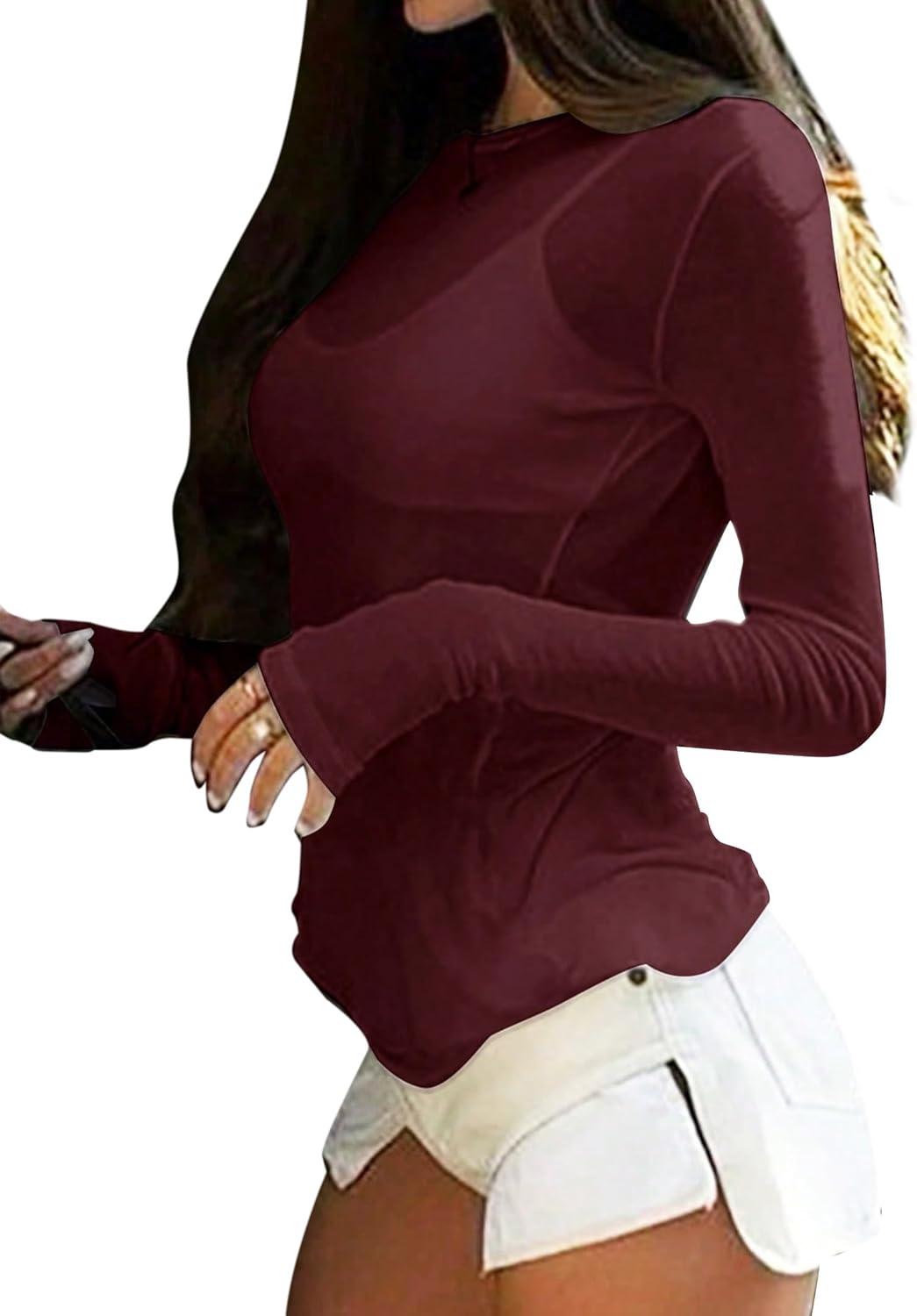 imageAvanova Women Mesh Sheer Long Sleeve Top See Through Sexy Going Out ShirtsBurgundy