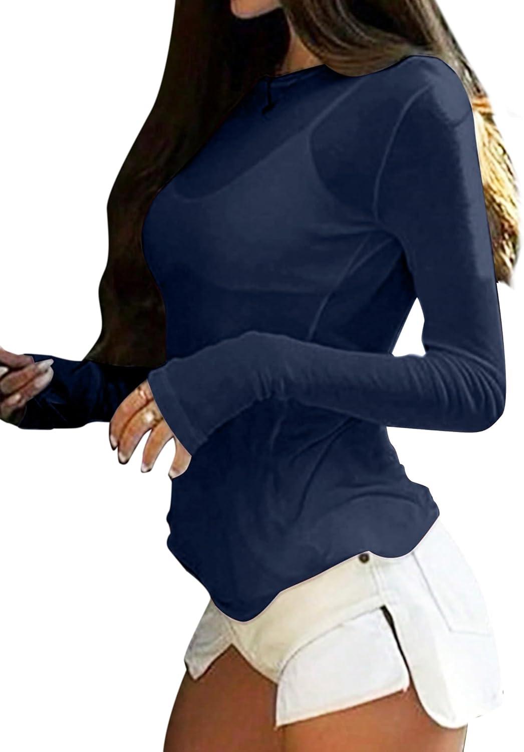 imageAvanova Women Mesh Sheer Long Sleeve Top See Through Sexy Going Out ShirtsDark Blue