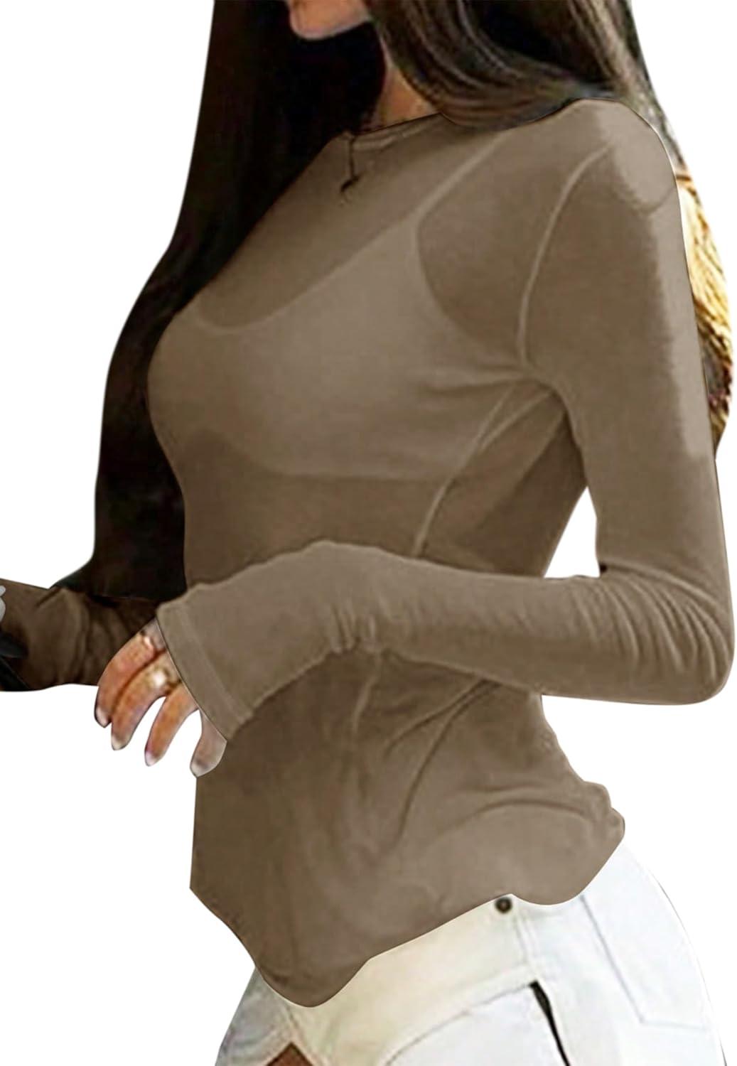 imageAvanova Women Mesh Sheer Long Sleeve Top See Through Sexy Going Out ShirtsKhaki
