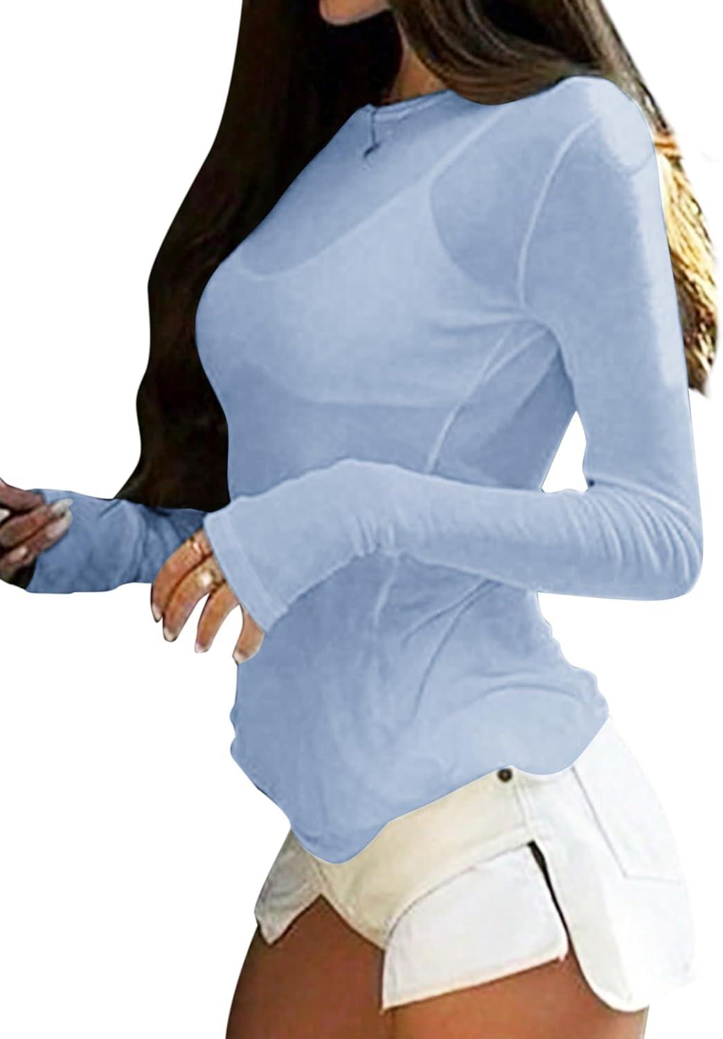 imageAvanova Women Mesh Sheer Long Sleeve Top See Through Sexy Going Out ShirtsLight Blue