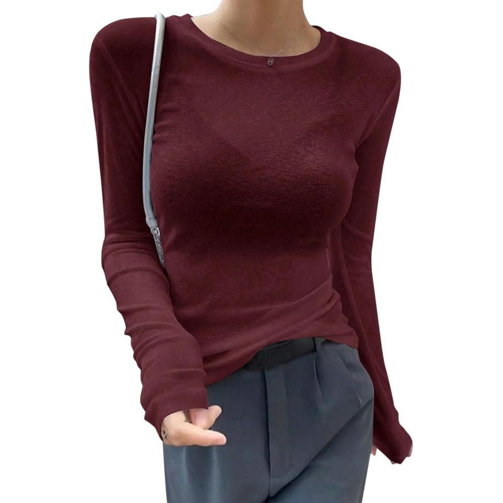 imageAvanova Women Mesh Sheer Long Sleeve Top See Through Sexy Going Out ShirtsBurgundy
