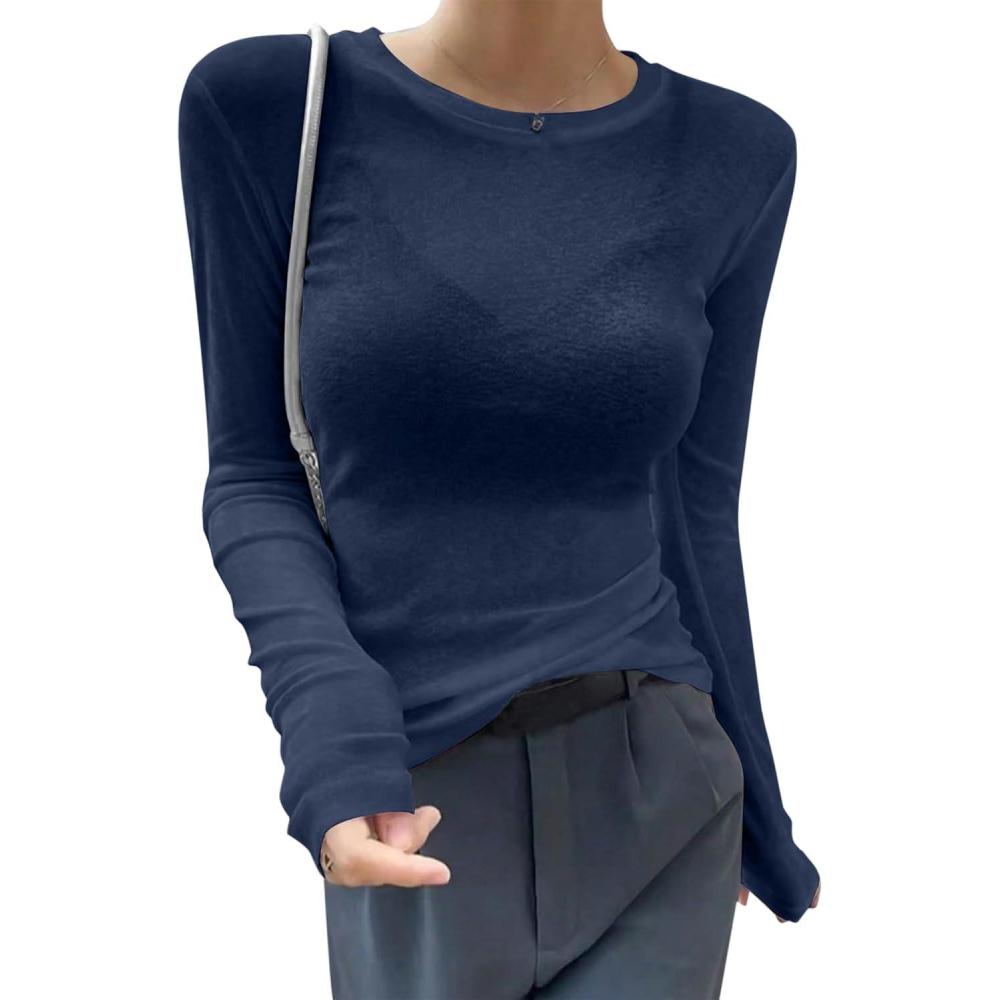 imageAvanova Women Mesh Sheer Long Sleeve Top See Through Sexy Going Out ShirtsDark Blue
