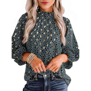 imageAvanova Women 34 Long Sleeve Blouses Dressy Casual Work Business Shirts Mock Neck Leopard Ruffle TopsLeopard Green Gold Kh
