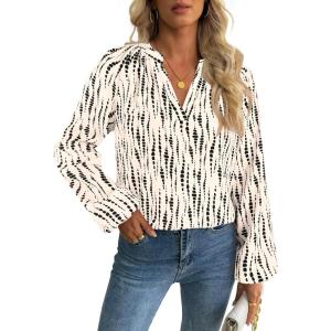 imageAvanova Women Boho Floral Blouses V Neck Top Lantern Long Sleeve ShirtBeige Striped