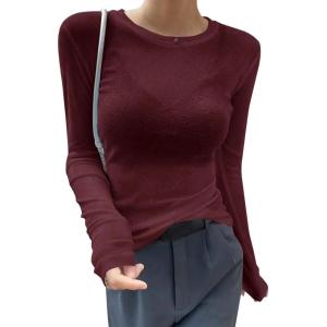 imageAvanova Women Mesh Sheer Long Sleeve Top See Through Sexy Going Out ShirtsBurgundy