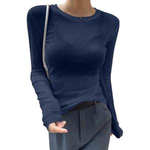 imageAvanova Women Mesh Sheer Long Sleeve Top See Through Sexy Going Out ShirtsDark Blue