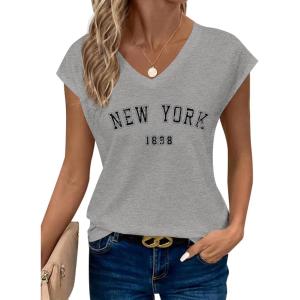 imageAvanova Women New York Graphic Cap Sleeve V Neck T Shirt Loose Casual Summer TeeGrey