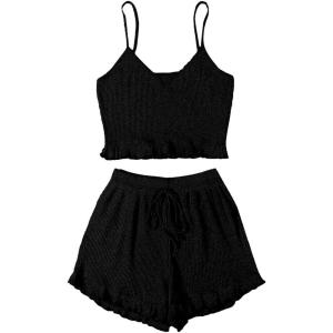imageAvanova Women Sexy 2 Piece Pajama Set Ruffle Trim Cami Top and Shorts Sleepwear SetBlack