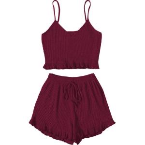 imageAvanova Women Sexy 2 Piece Pajama Set Ruffle Trim Cami Top and Shorts Sleepwear SetBurgundy