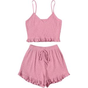imageAvanova Women Sexy 2 Piece Pajama Set Ruffle Trim Cami Top and Shorts Sleepwear SetSolid Pink