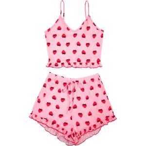imageAvanova Women Sexy 2 Piece Pajama Set Ruffle Trim Cami Top and Shorts Sleepwear SetStrawberry Pink
