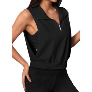 imageAvanova Women Sleeveless Hoodies Half Zip Open Side Activewear Workout Athletic Crop Tank TopBlack