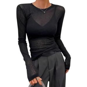 imageAvanova Women Mesh Sheer Long Sleeve Top See Through Sexy Going Out ShirtsBlack