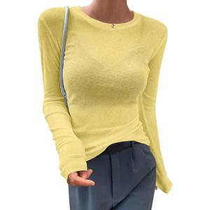 imageAvanova Women Mesh Sheer Long Sleeve Top See Through Sexy Going Out ShirtsYellow