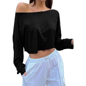imageAvanova Women Off The Shoulder Crop Tops Long Sleeve T Shirts Oversized Loose TeeBlack